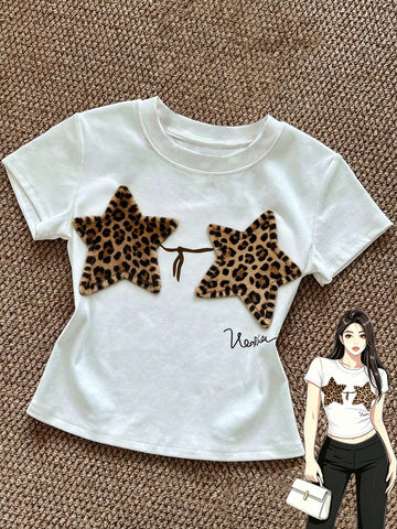 Attitoon Women's Leopard Print Star Patchwork Round Neck Pullover Short Sleeve T-Shirt